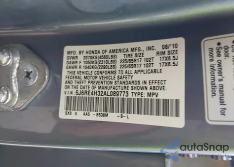 2010 Honda Cr-V Lx из США, поврежденный, VIN 5J6RE4H32AL089773